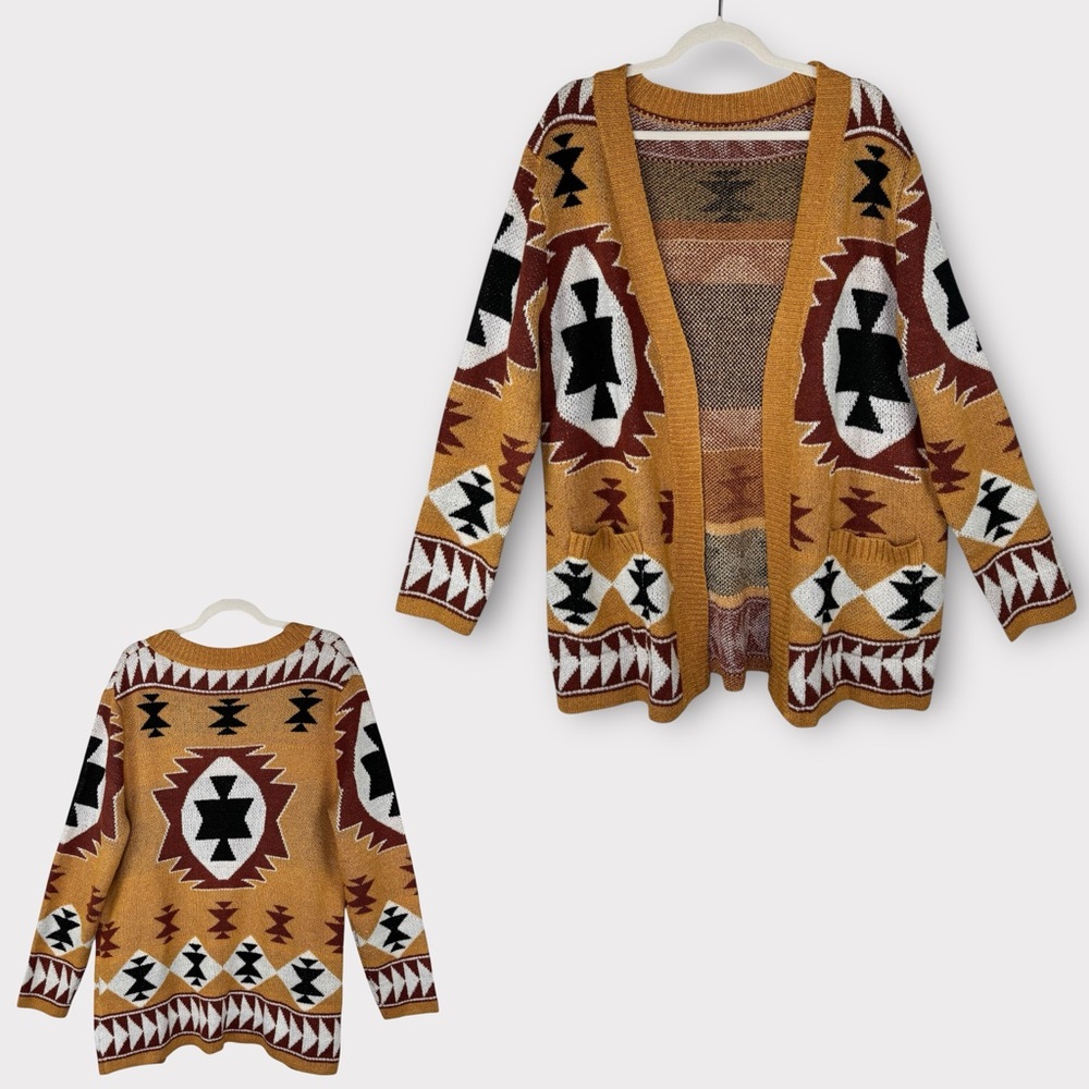 Aztec Southwest Geometric Long Knitted Cardigan Sweater Coat XL Boutique Mustard - Picture 1 of 8